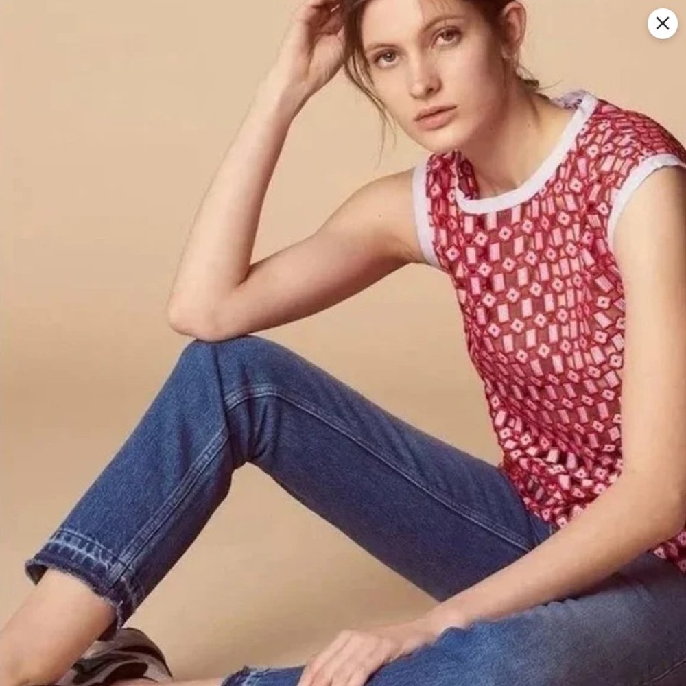 SANDRO PARIS "Yonna" Geometric Openwork Lace Rouge Top - Picture 4 of 8